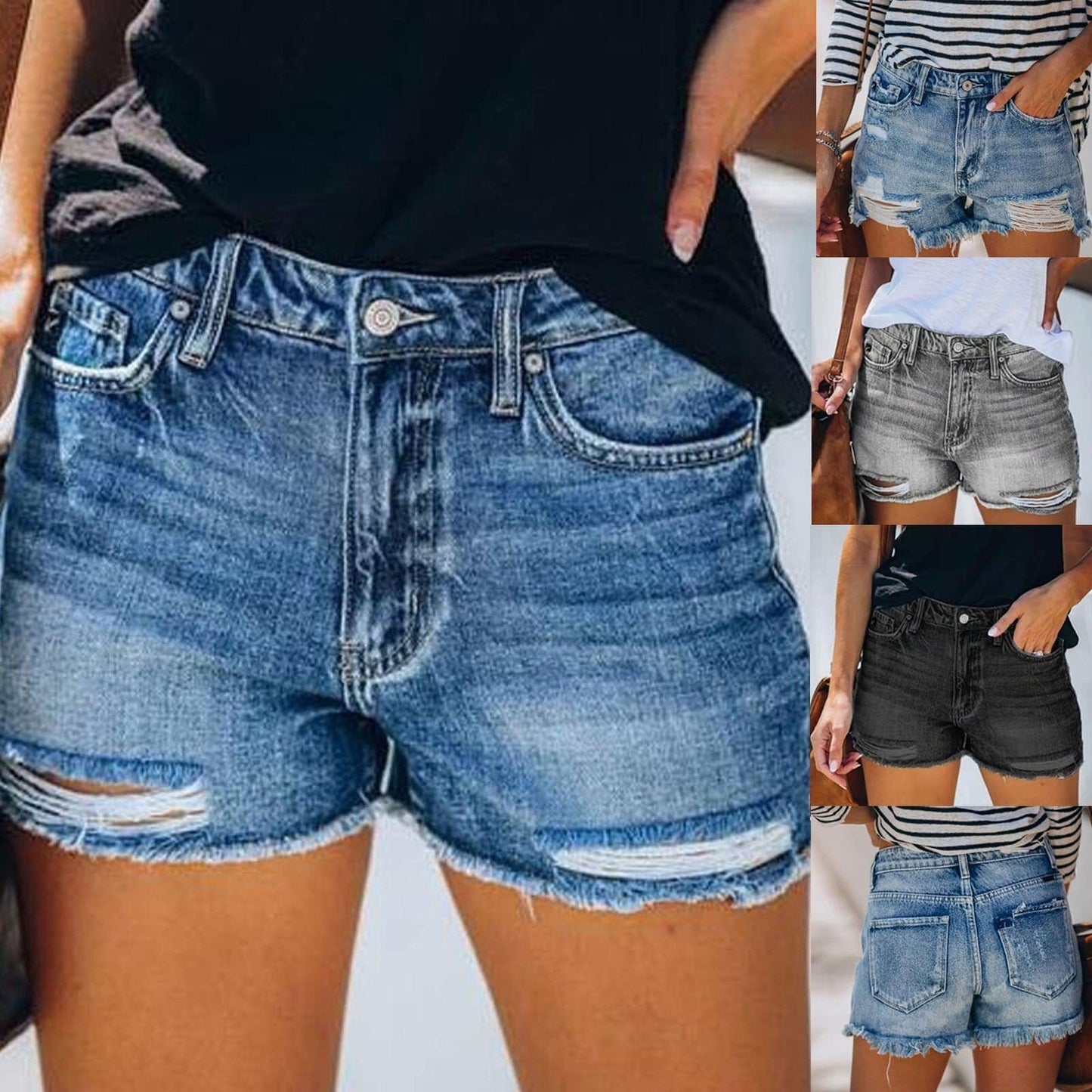 Women's Black Blue Gary Casual Stretch Pockets Denim Shorts Frayed Edge Ripped Hot Shorts 2021 New Jeans Casual Y2k Cloth