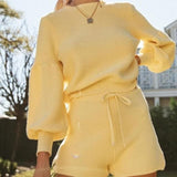 Women 2 Pieces Sweater Set Pullover and Shorts Fashion Sport Wear O-Neck Tops High Waist 2 Piece