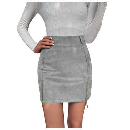 Women Mini Skirt Suede Zipper Bandage Slim Sexy Autumn New Korean High Waist Casual Solid A-line Slits Bodycon Skirts