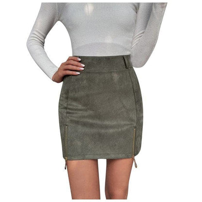 Women Mini Skirt Suede Zipper Bandage Slim Sexy Autumn New Korean High Waist Casual Solid A-line Slits Bodycon Skirts