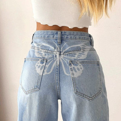 2023 Butterfly Print Casual Jeans Woman High Waist Denim Pants