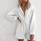 Women Fashion V-Neck Casual Sport Short Rompers Button Down Shorts Bodysuit Linen Drawstring Casual Jumpsuit Overalls