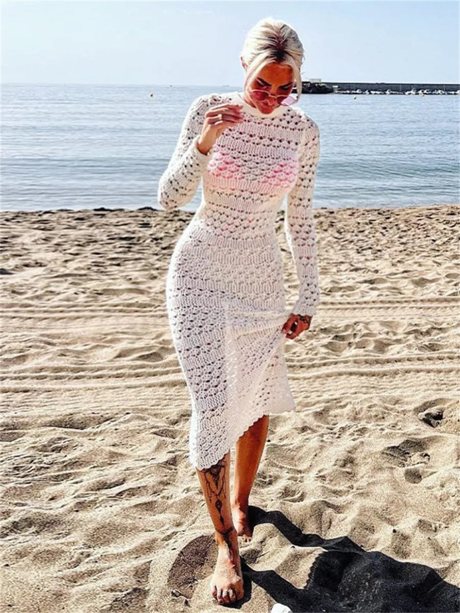 DressBetty - 2024 Backless Tie Up Knit Crochet Hollow-Out Beach Maxi Dress
